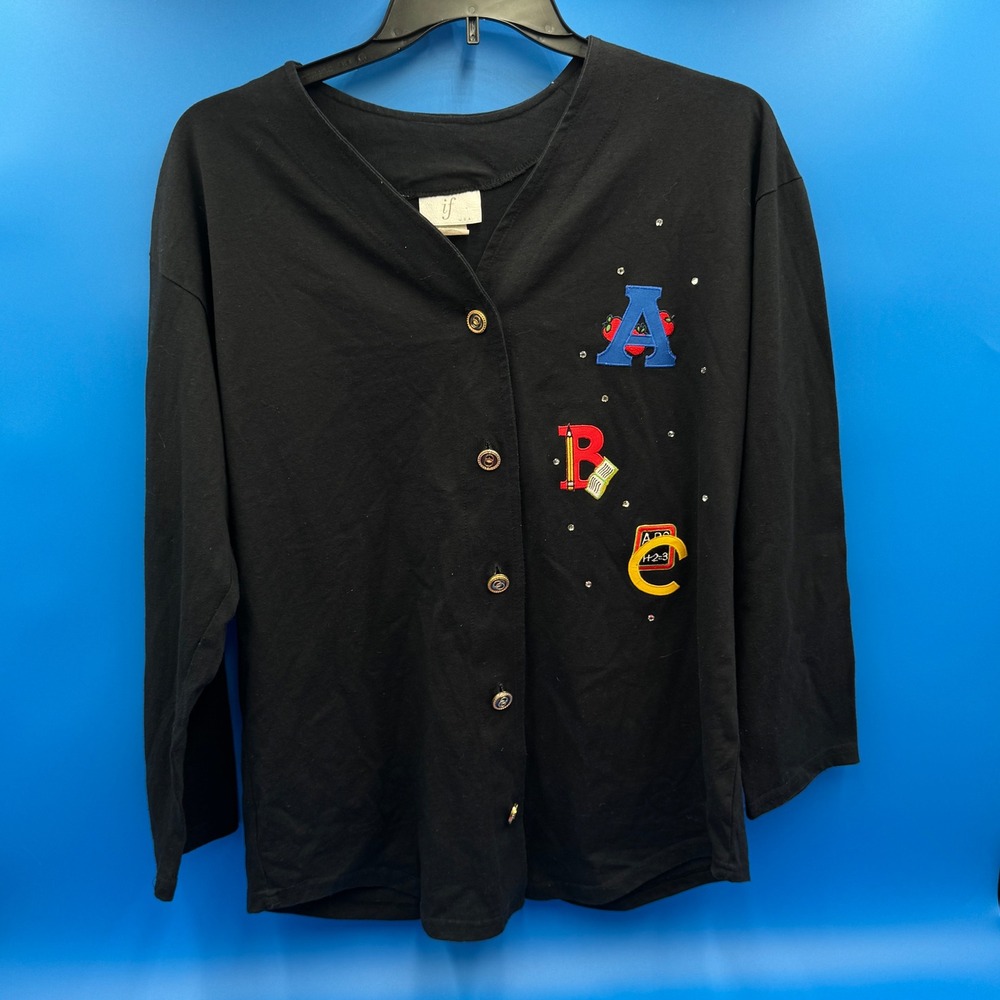 VTG USA Black Button‎ Up Long Sleeve Shirt ABC Apples Pencil Rhinestones Women's